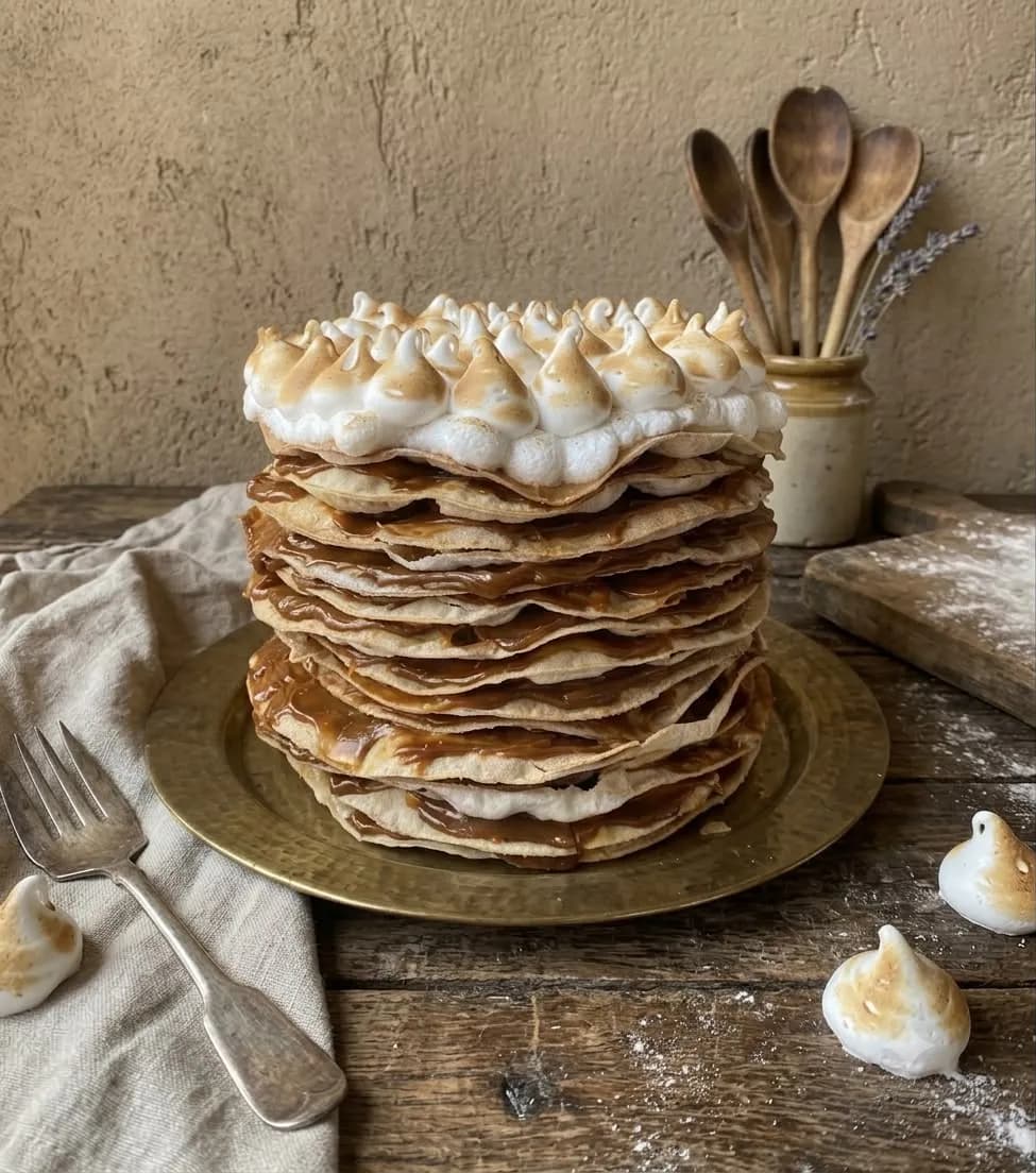 Rogel casero, capa por capa, con dulce de leche y merengue tostado