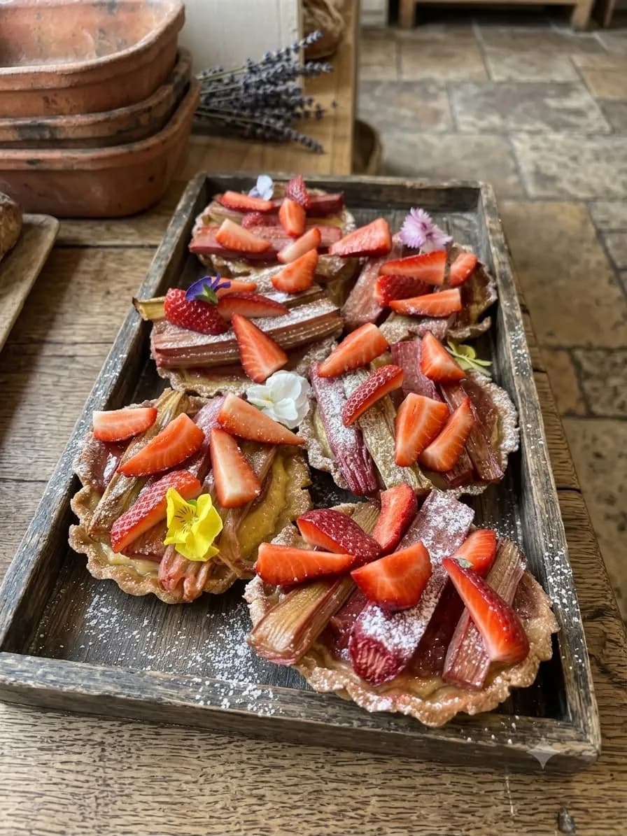 Bandeja de tarteletas de ruibarbo con frutillas frescas