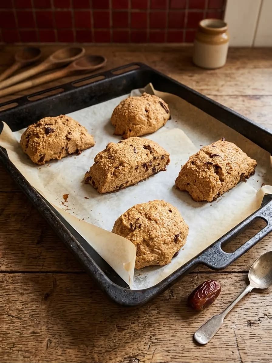 Scones de dátiles recién horneados sobre papel manteca