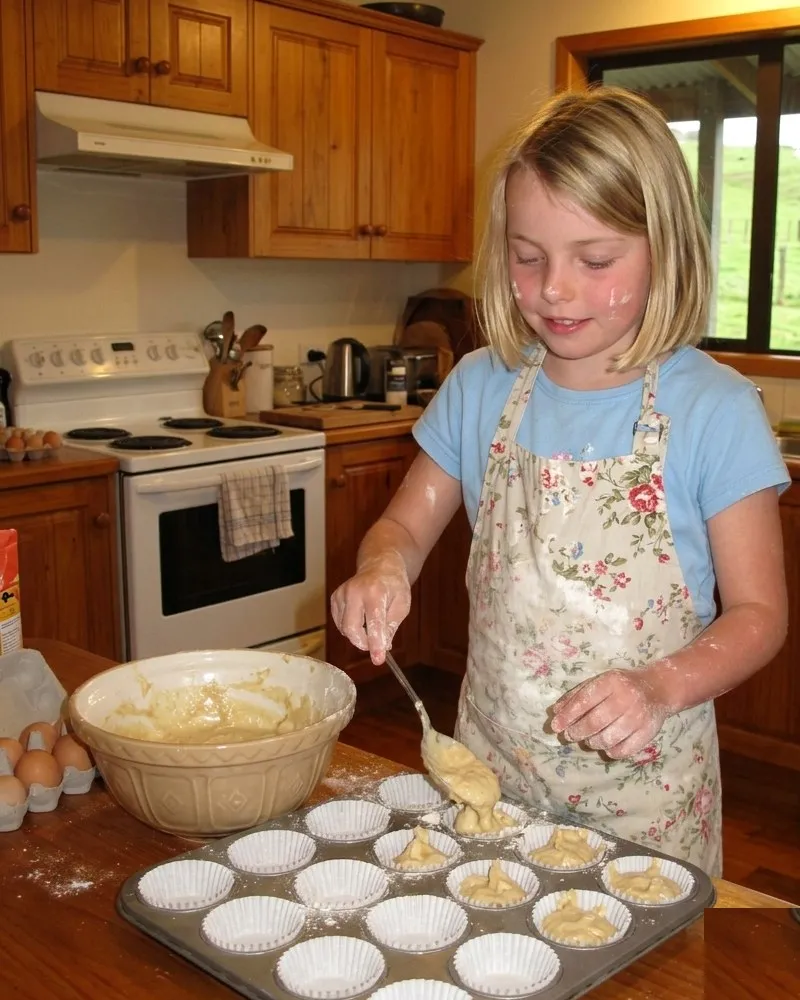 Ellie a los ocho años con delantal, preparando muffins en la cocina de su casa