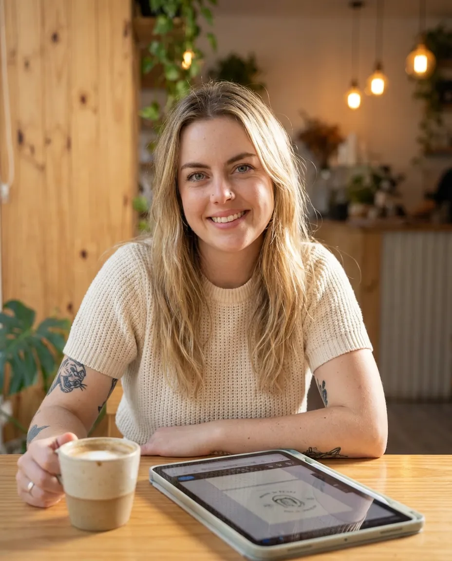 Ellie sonriendo en su cocina, con un café sobre la mesa
