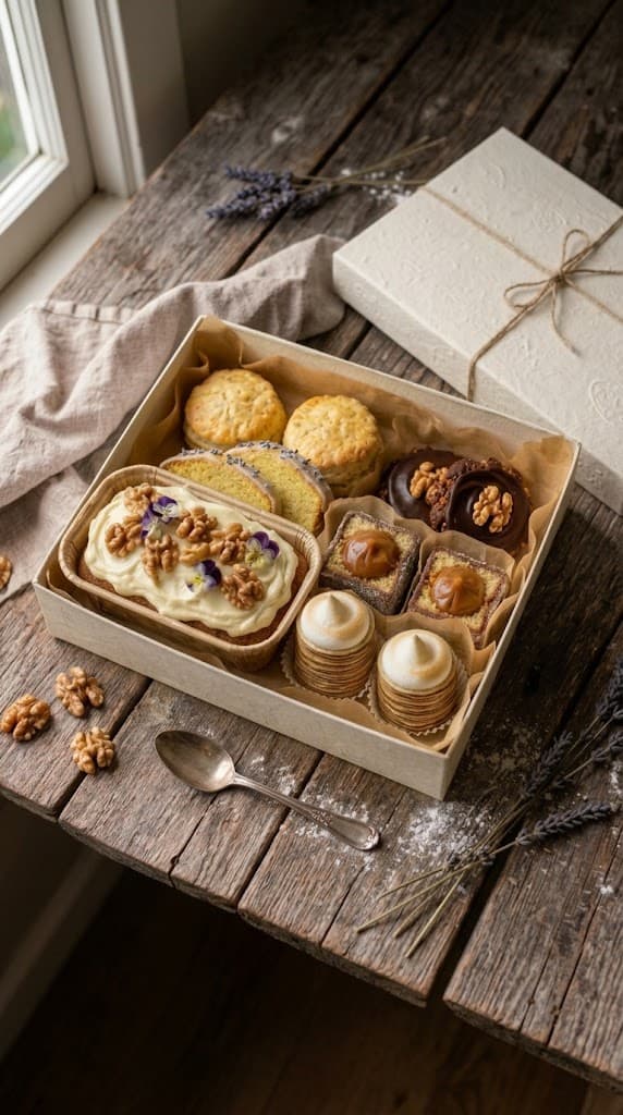 Caja Día de la Madre con budín de zanahoria, scones, budín de limón, Afghans, lamingtons y mini rogels